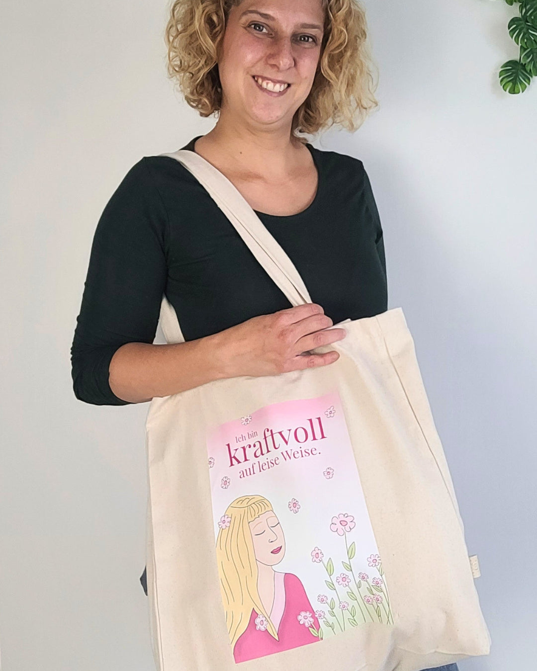 Hochwertige Baumwolltasche mit Kunstdruck Frauen "Ich bin kraftvoll auf leise Weise" Shopper, Jutebeutel