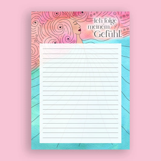 Notizblock Din A5 "Ich folge meinem Gefühl" Motivation, Schreibwaren, Inspiration, Frauen, Türkis, Pink, Line-Art