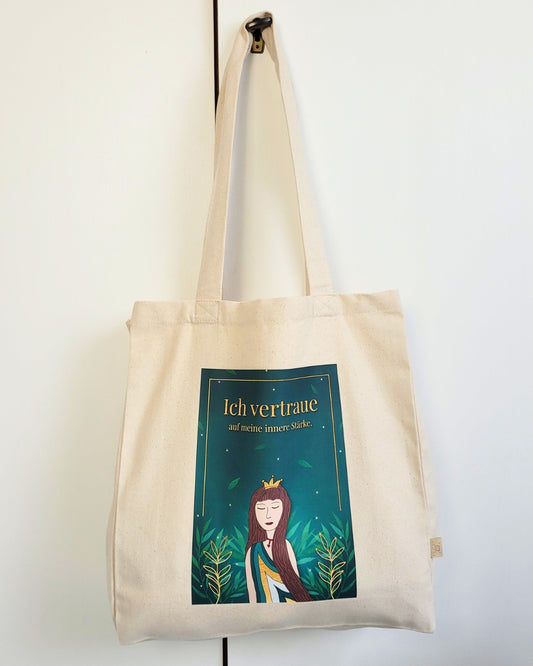 Hochwertige Baumwolltasche mit Kunstdruck Frauen "Ich vertraue auf meine innere Stärke" Shopper, Jutebeutel