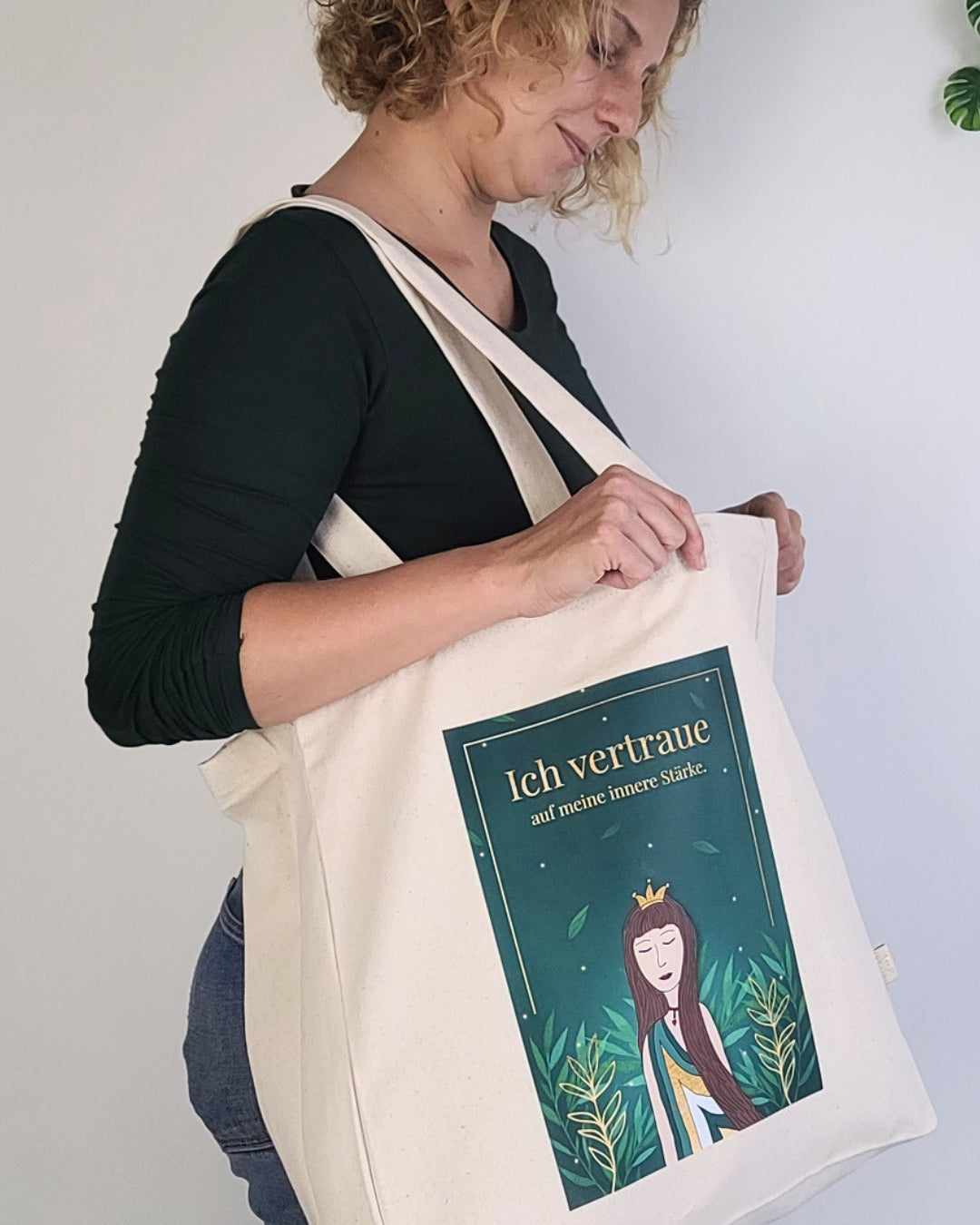Hochwertige Baumwolltasche mit Kunstdruck Frauen "Ich vertraue auf meine innere Stärke" Shopper, Jutebeutel