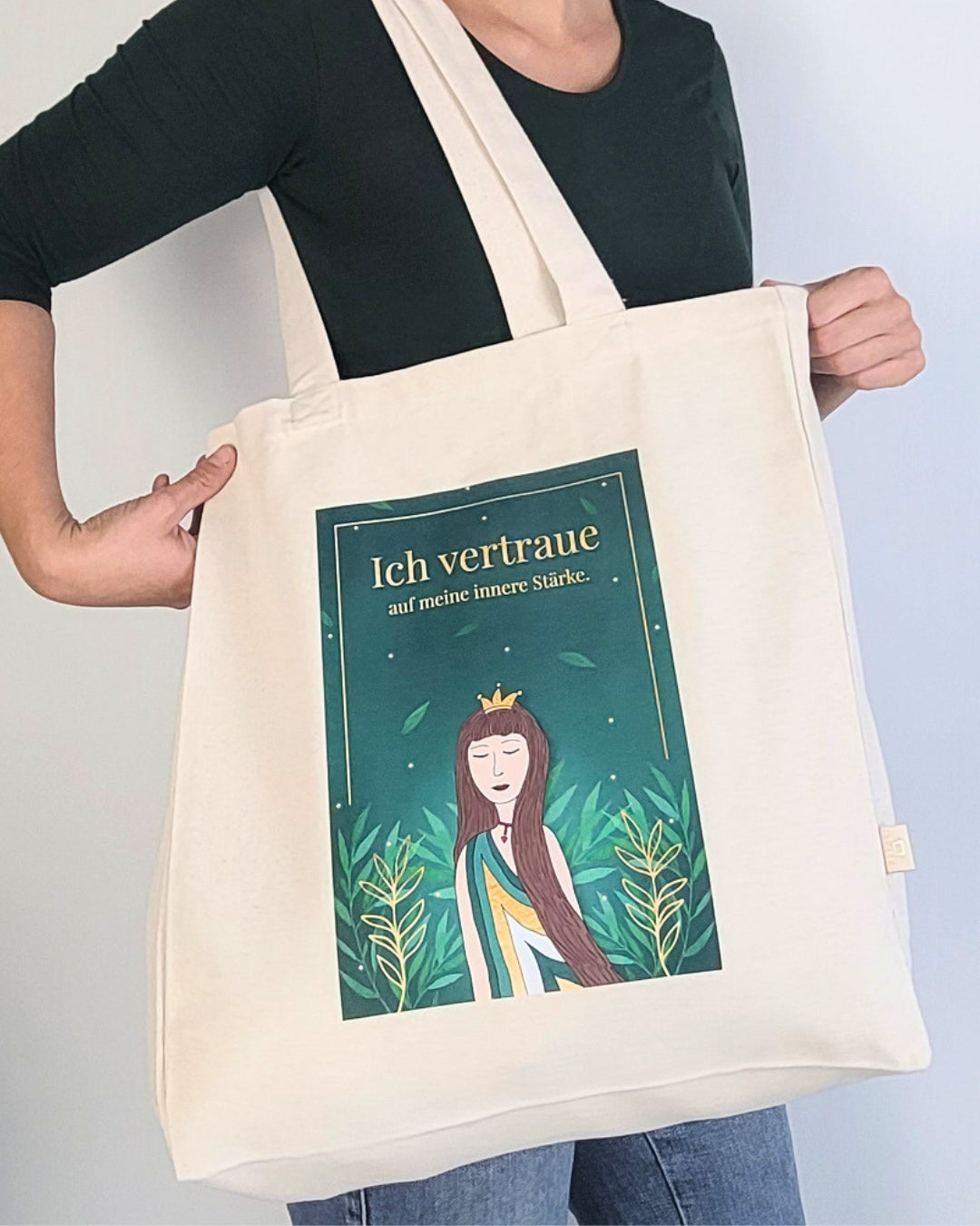 Hochwertige Baumwolltasche mit Kunstdruck Frauen "Ich vertraue auf meine innere Stärke" Shopper, Jutebeutel