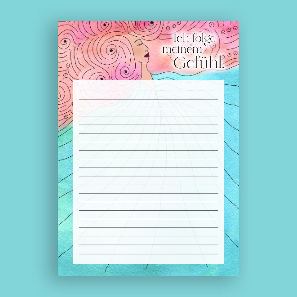 Notizblock Din A5 "Ich folge meinem Gefühl" Motivation, Schreibwaren, Inspiration, Frauen, Türkis, Pink, Line-Art